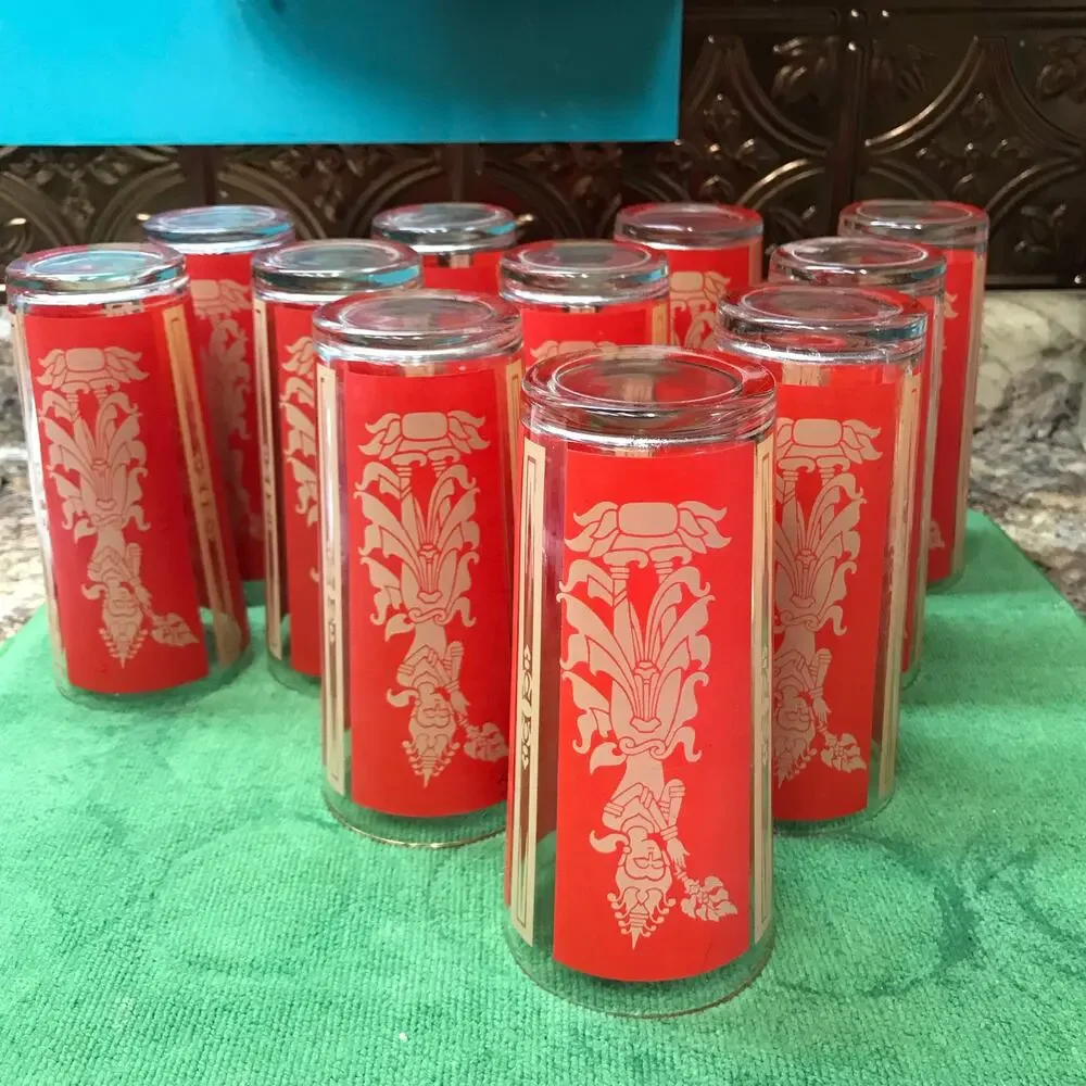10 Vint Culver Federal Siam Thai Red/Gold Bollywood Goddess Glass Tumblers 61/2”